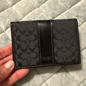 Coach Black Signature Card Holder with Leather Trim